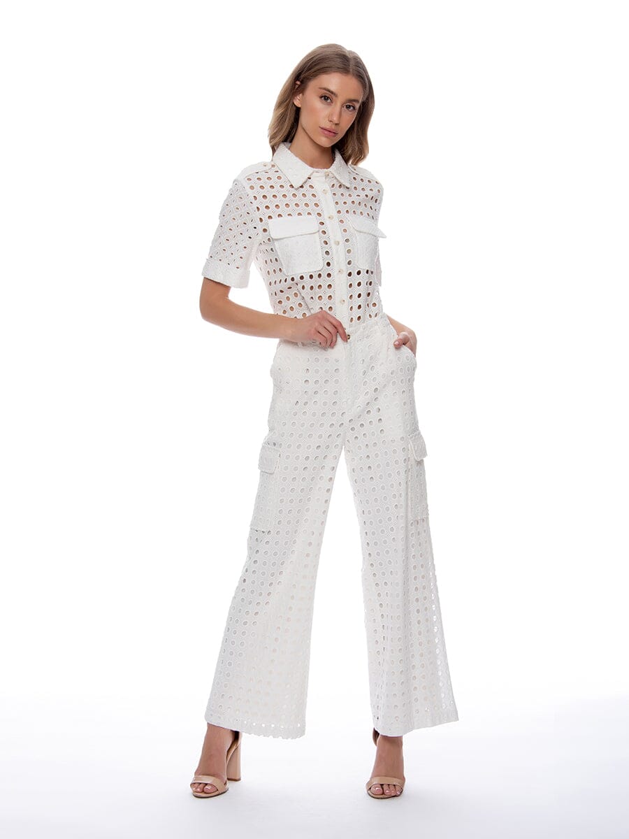 Eyelet Embroidered Cargo Wide-Leg Pants PANTS Gracia Fashion WHITE S 