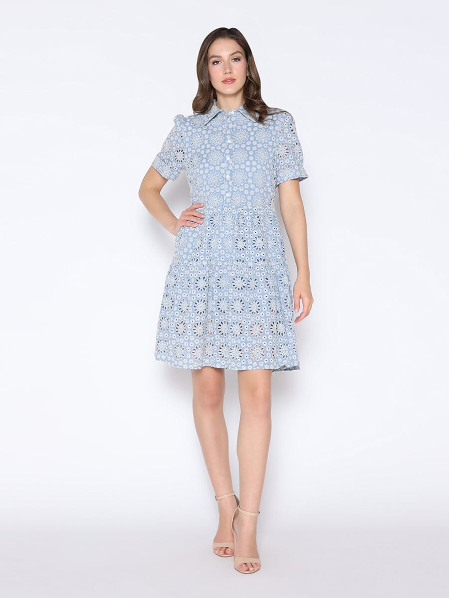 Eyelet Embroidered Short Sleeve Button-Up Dress DRESS Gracia Fashion L/BLUE S 