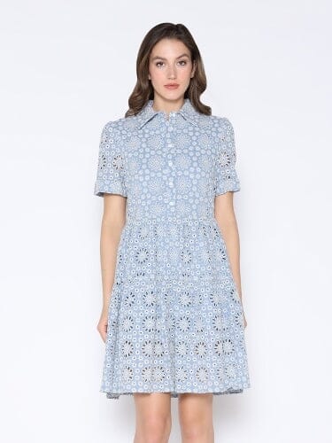 Eyelet Embroidered Short Sleeve Button-Up Dress DRESS Gracia Fashion L/BLUE S 