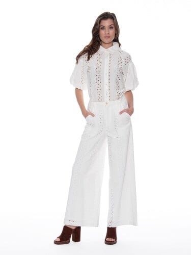 Eyelet Embroidered Wide-Leg Pants PANTS Gracia Fashion WHITE S 