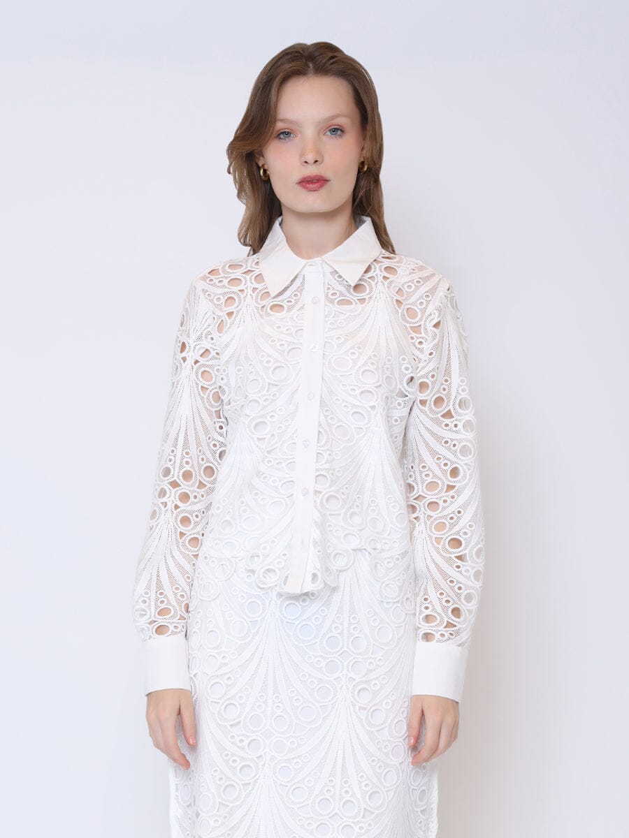 Eyelet Lace Embroidered Long Sleeve Blouse TOP Gracia Fashion WHITE S 