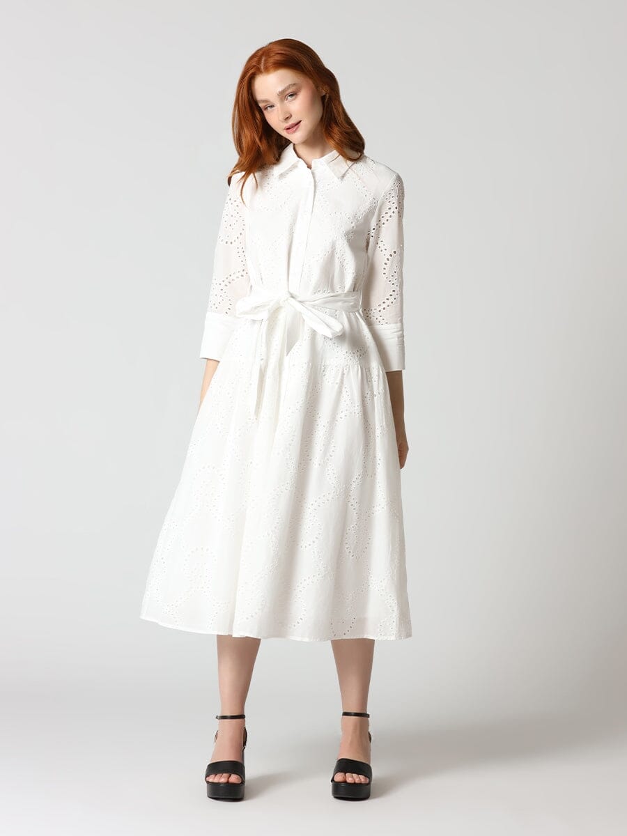 Eyelet Sleeve Shirt Dress w/ Waist Ribbon DRESS Gracia Fashion WHITE S 