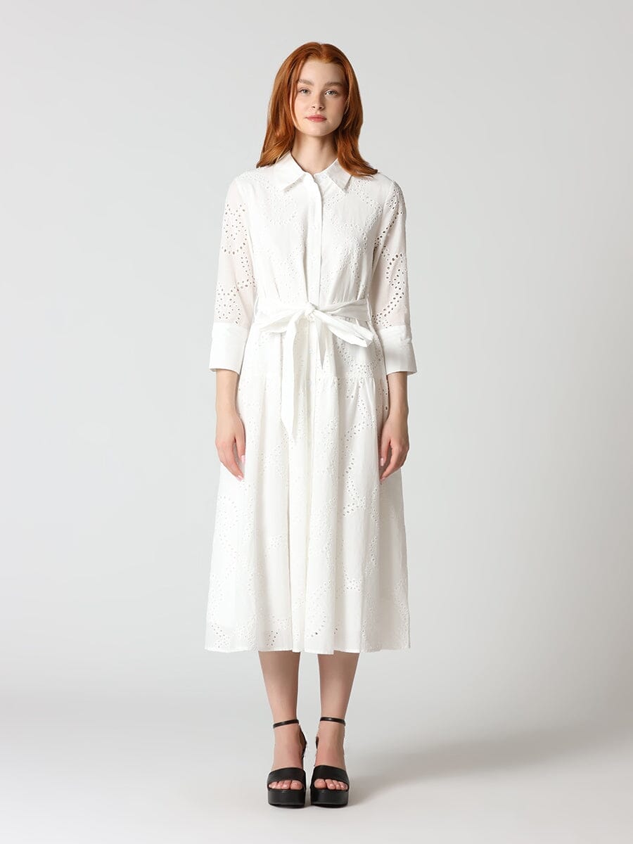 Eyelet Sleeve Shirt Dress w/ Waist Ribbon DRESS Gracia Fashion WHITE S 