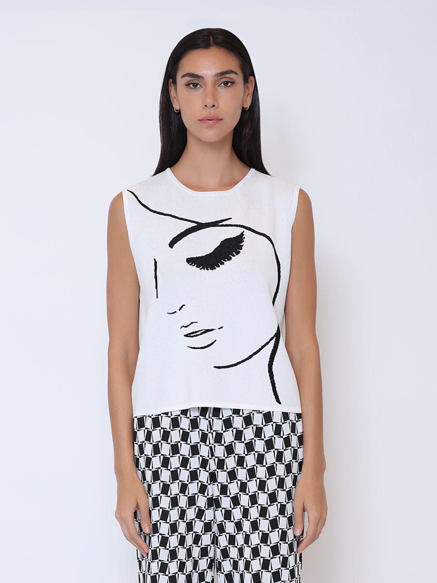 Face Abstract Line Print Knit Tank Top TOP Gracia Fashion WHITE S 