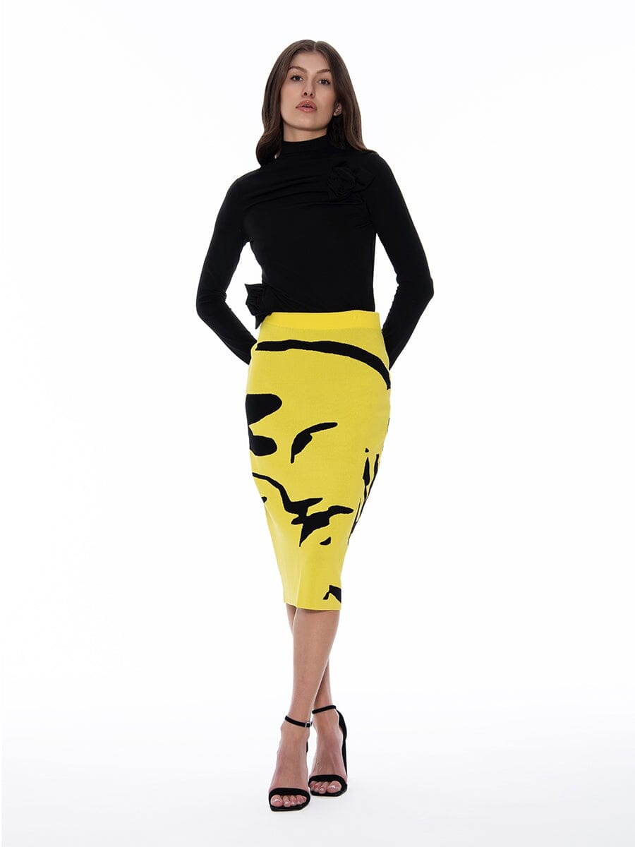 Face-Line Printing Bodycon Knit Skirt w/Back Slit SKIRT Gracia Fashion NEON S 