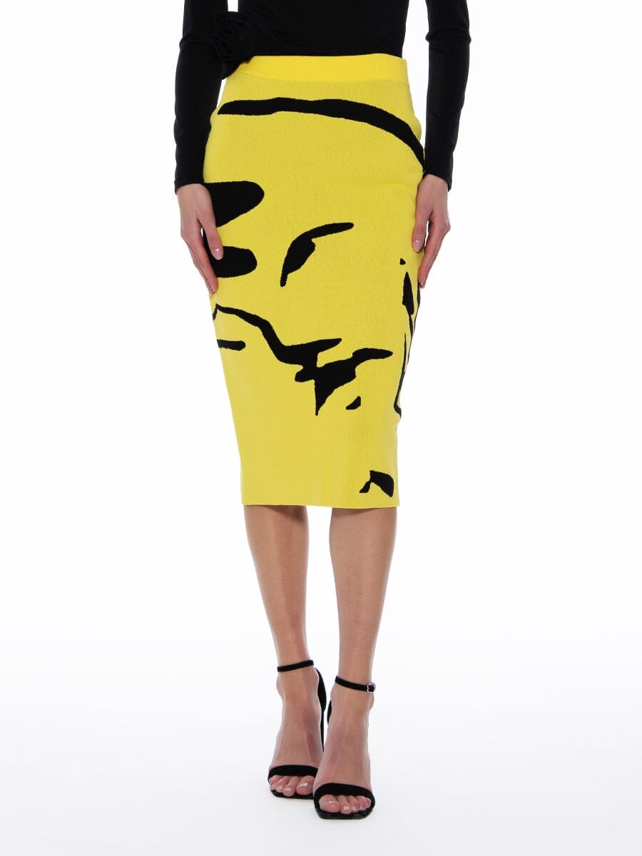 Face Line Printing Bodycon Knit Skirt w Back Slit Gracia Fashion