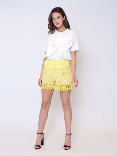 Floral Embroidered Crochet Short Pants PANTS Gracia Fashion YELLOW S 