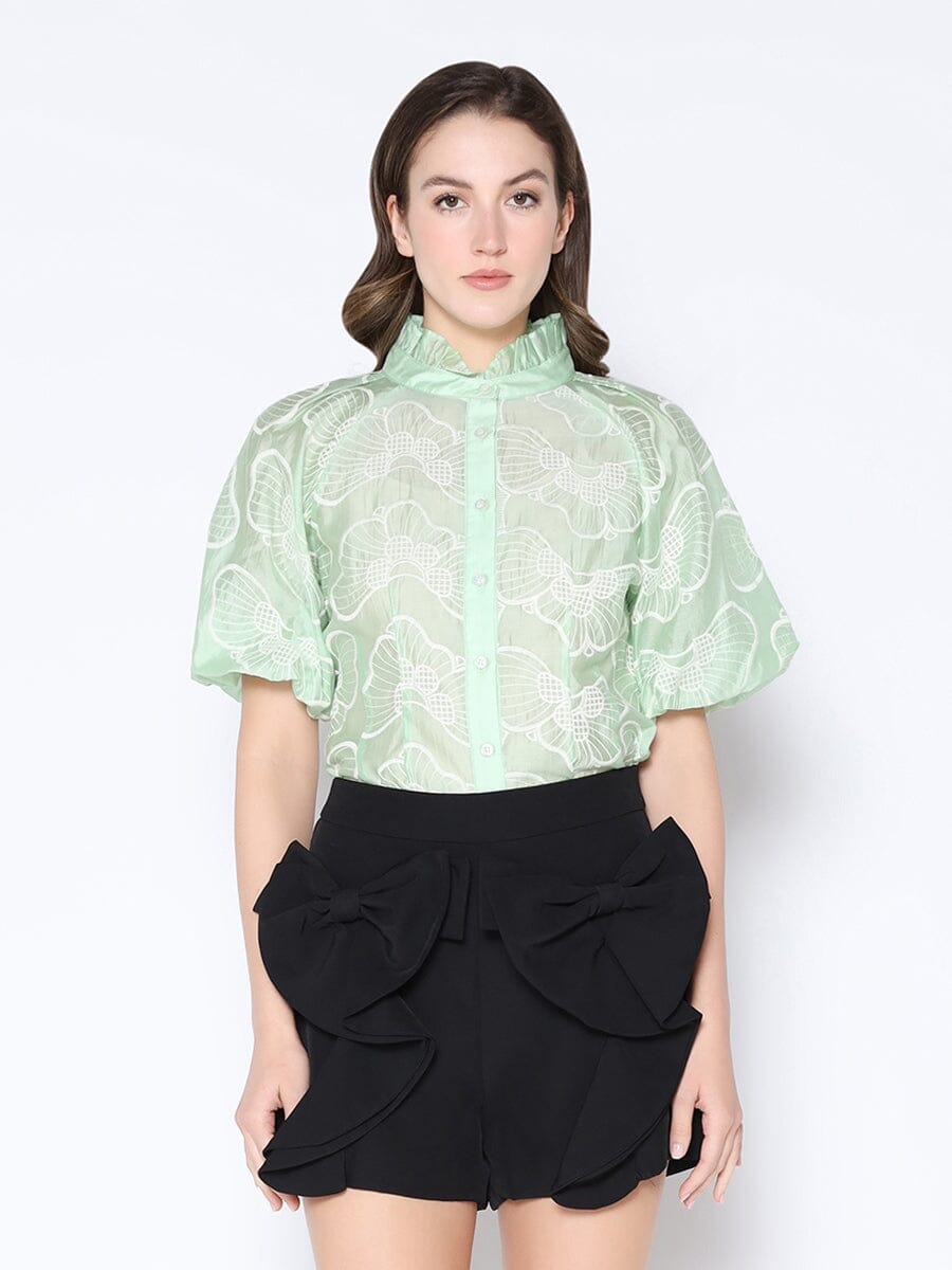 Floral Embroidered Puff Sleeve Ruffle Neck Shirt TOP Gracia Fashion SAGE S 