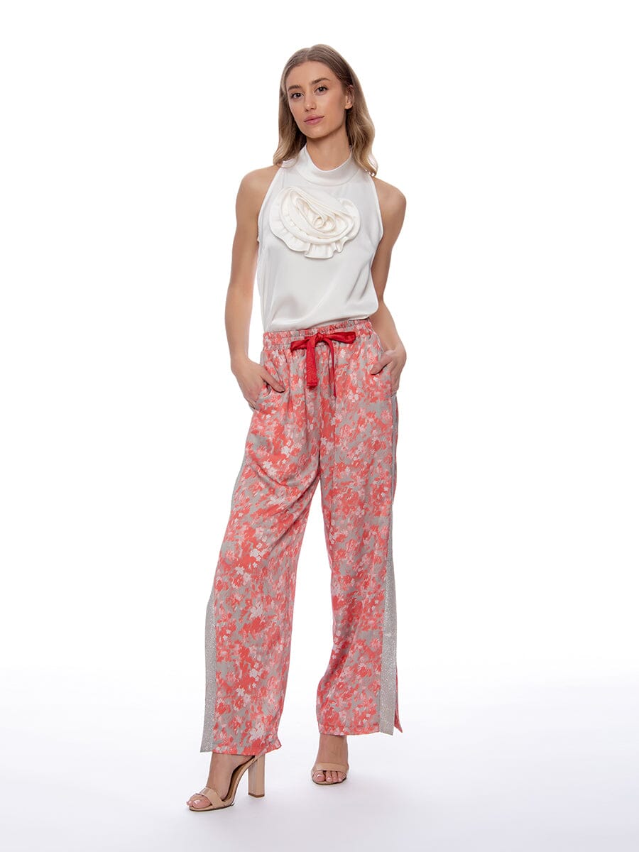 Floral Glitter Tape Point Side-Slit Wide Pants PANTS Gracia Fashion ORANGE S 