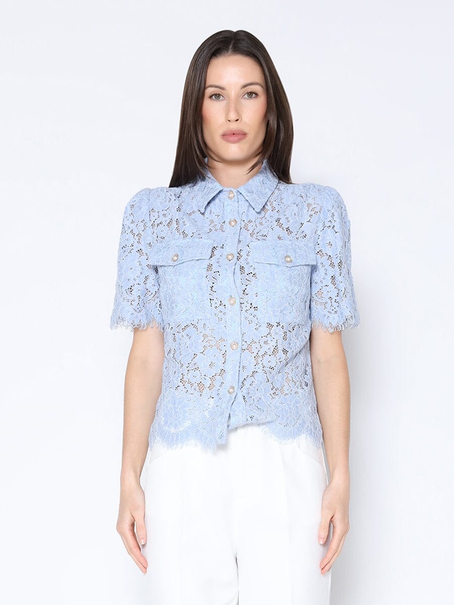 Floral Lace Short Sleeve Pocket Front Down Shirt TOP Gracia Fashion L/BLUE S 