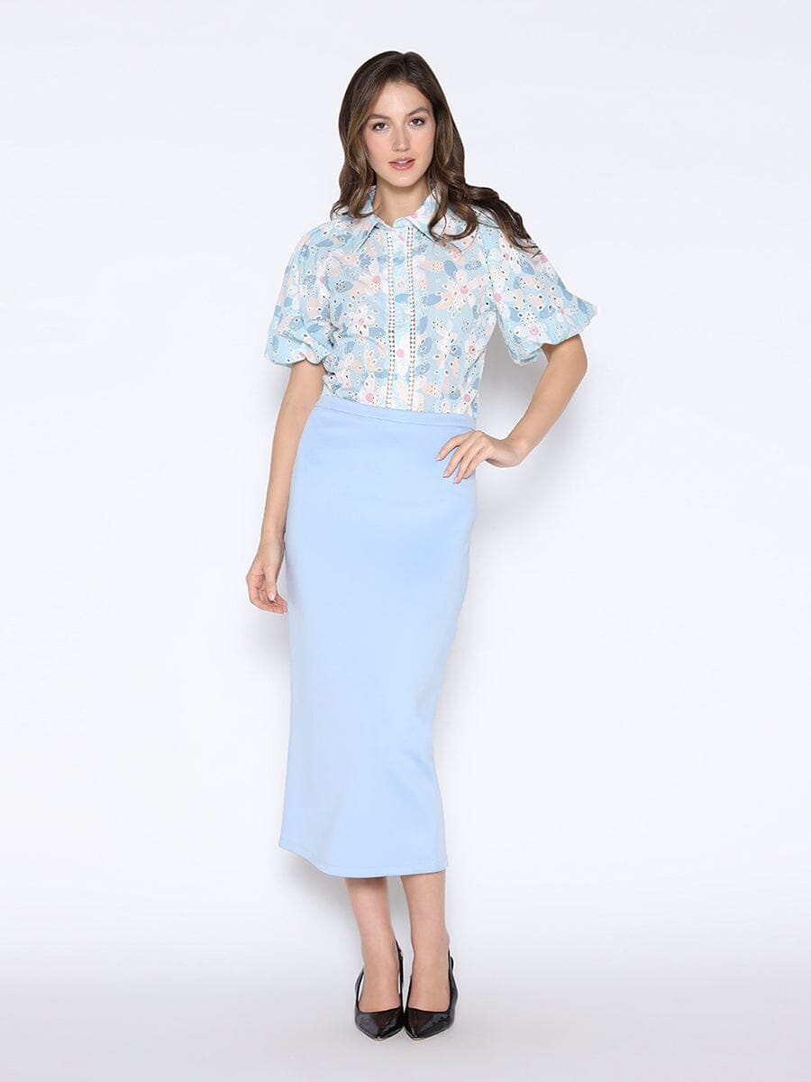 Floral Print Eyelet Puff Sleeve Button-Down Shirt TOP Gracia Fashion BLUE S 