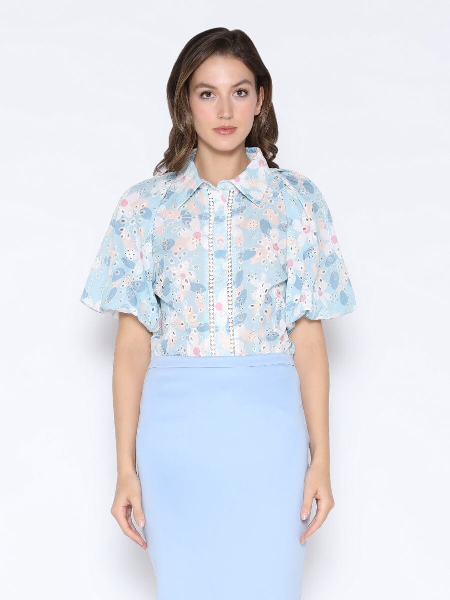 Floral Print Eyelet Puff Sleeve Button-Down Shirt TOP Gracia Fashion BLUE S 