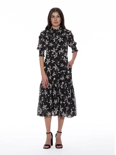 Floral Print Flounce Sleeves Long Gathered Dress DRESS Gracia Fashion BLACK S 