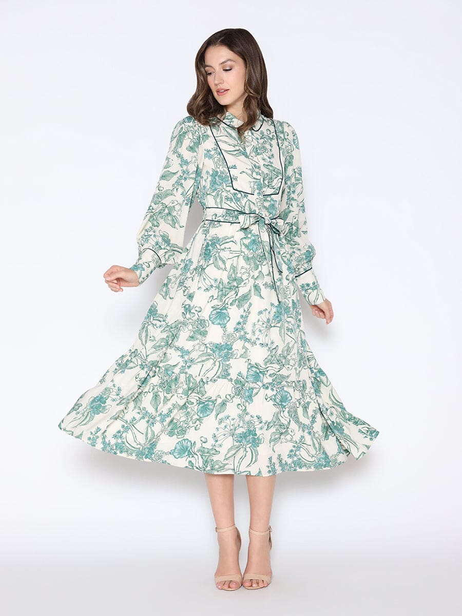 Floral Print Long Cuff Sleeve Tie Belted Dress DRESS Gracia Fashion GREEN S 