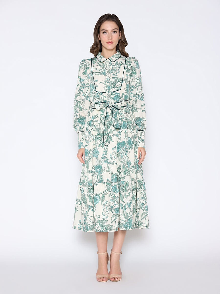 Floral Print Long Cuff Sleeve Tie Belted Dress DRESS Gracia Fashion GREEN S 