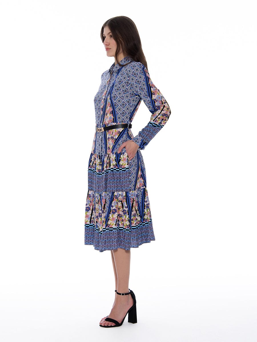 Floral Print Long Sleeve A-Line Buckle Belt Dress DRESS Gracia Fashion 