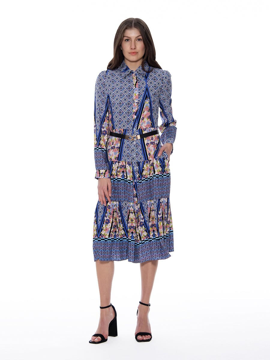 Floral Print Long Sleeve A-Line Buckle Belt Dress DRESS Gracia Fashion 