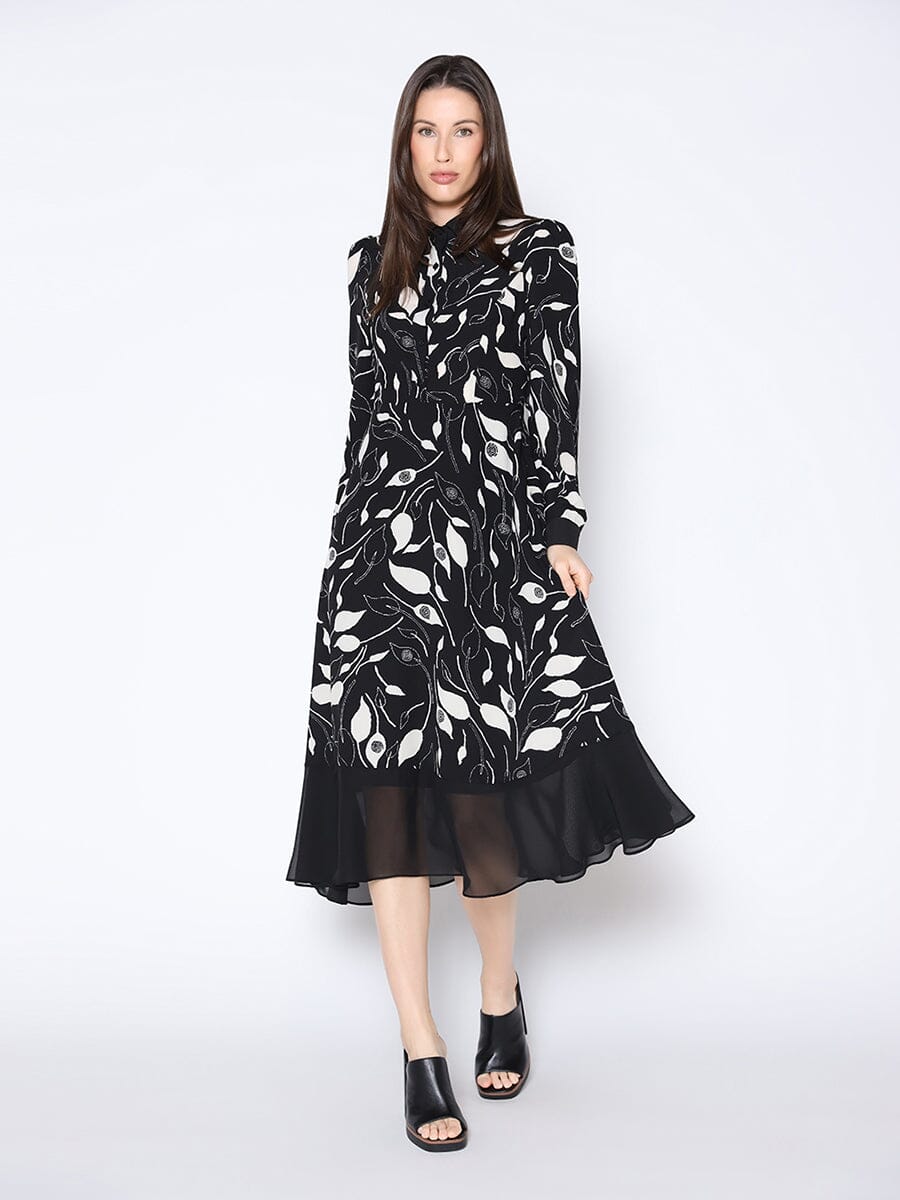 Floral Print Long Sleeve Button Front Midi Dress DRESS Gracia Fashion BLACK S 