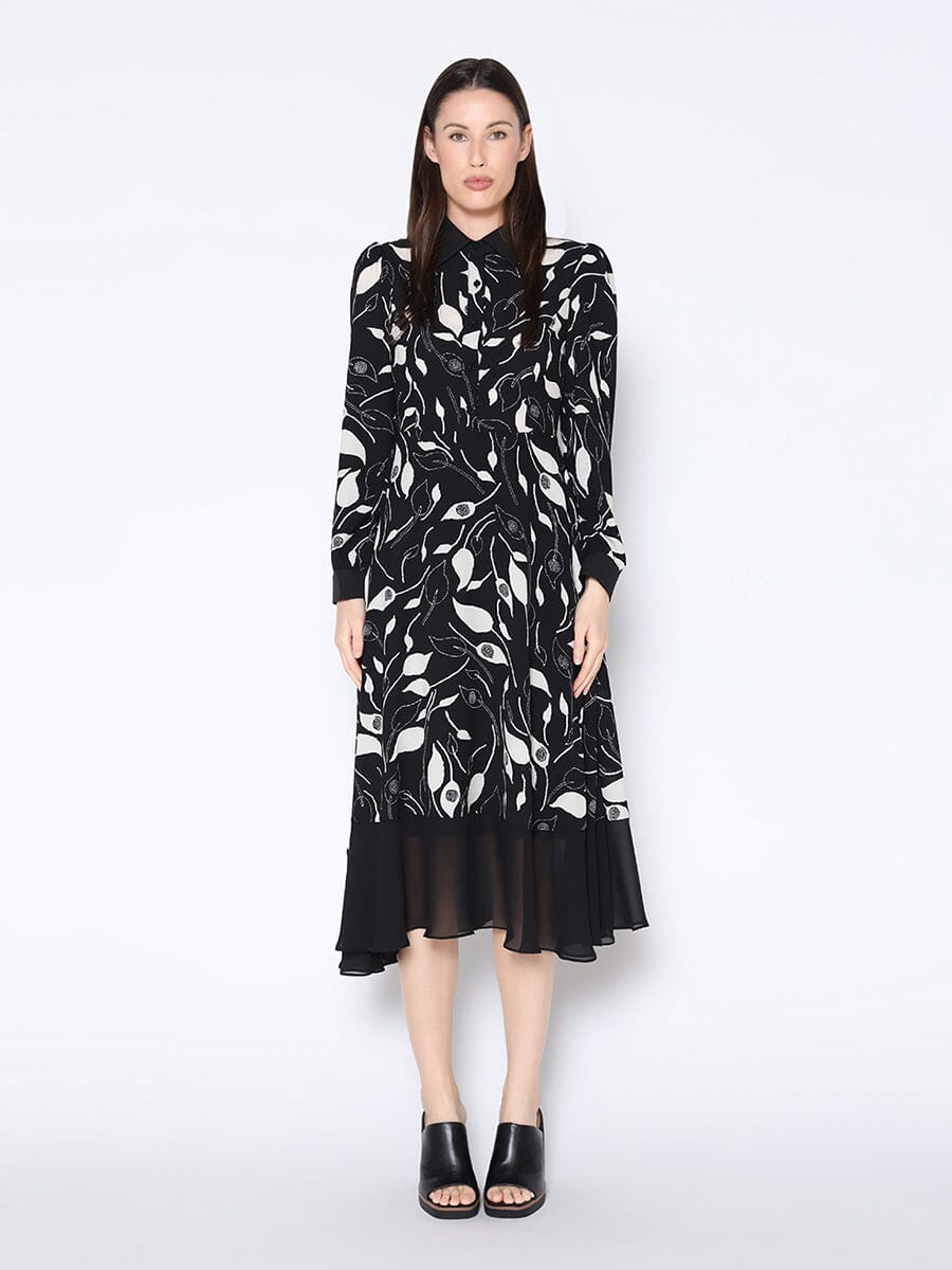 Floral Print Long Sleeve Button Front Midi Dress DRESS Gracia Fashion BLACK S 