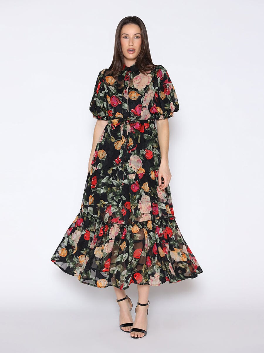 Floral Print Puff Sleeve Maxi Tie Belt Dress DRESS Gracia Fashion BLACK S 