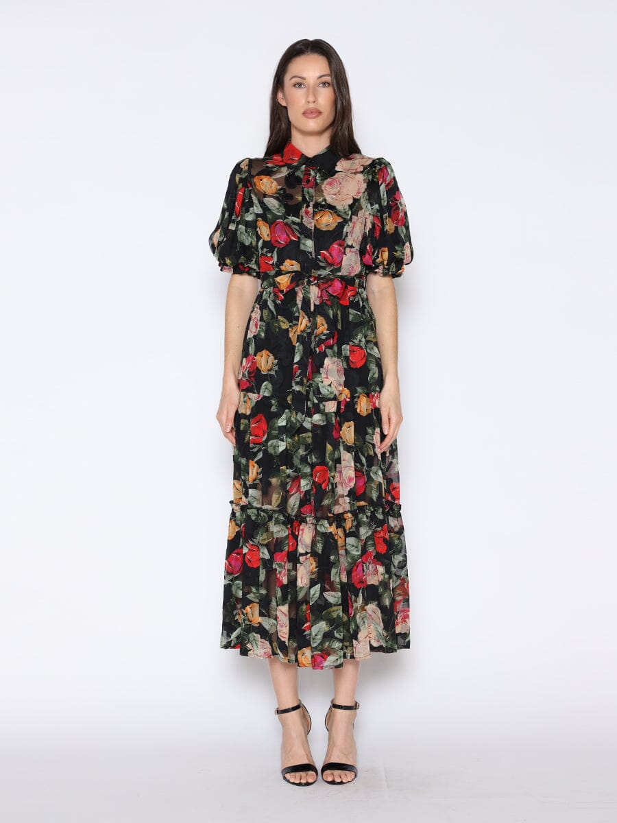 Floral Print Puff Sleeve Maxi Tie Belt Dress DRESS Gracia Fashion BLACK S 