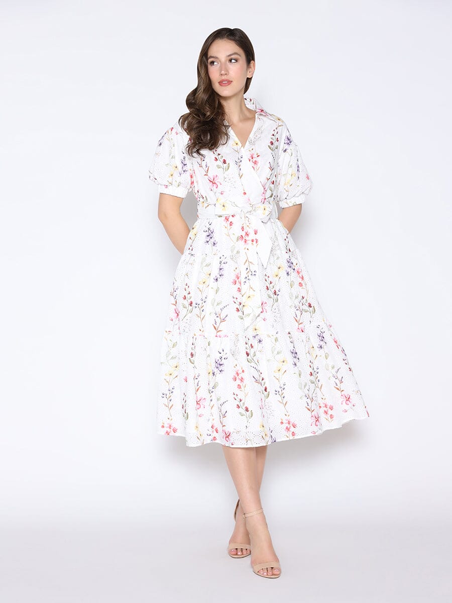 Floral Print Puff SleeveTie Belted Dress DRESSES Gracia Fashion WHITE S 