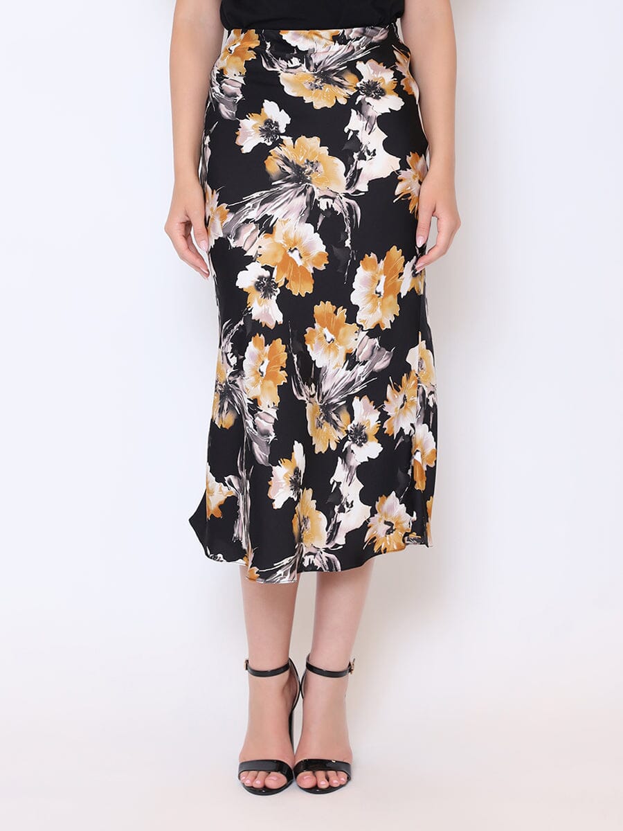 Floral Print Satin Fishtail Midi Skirt SKIRT Gracia Fashion BLACK S 