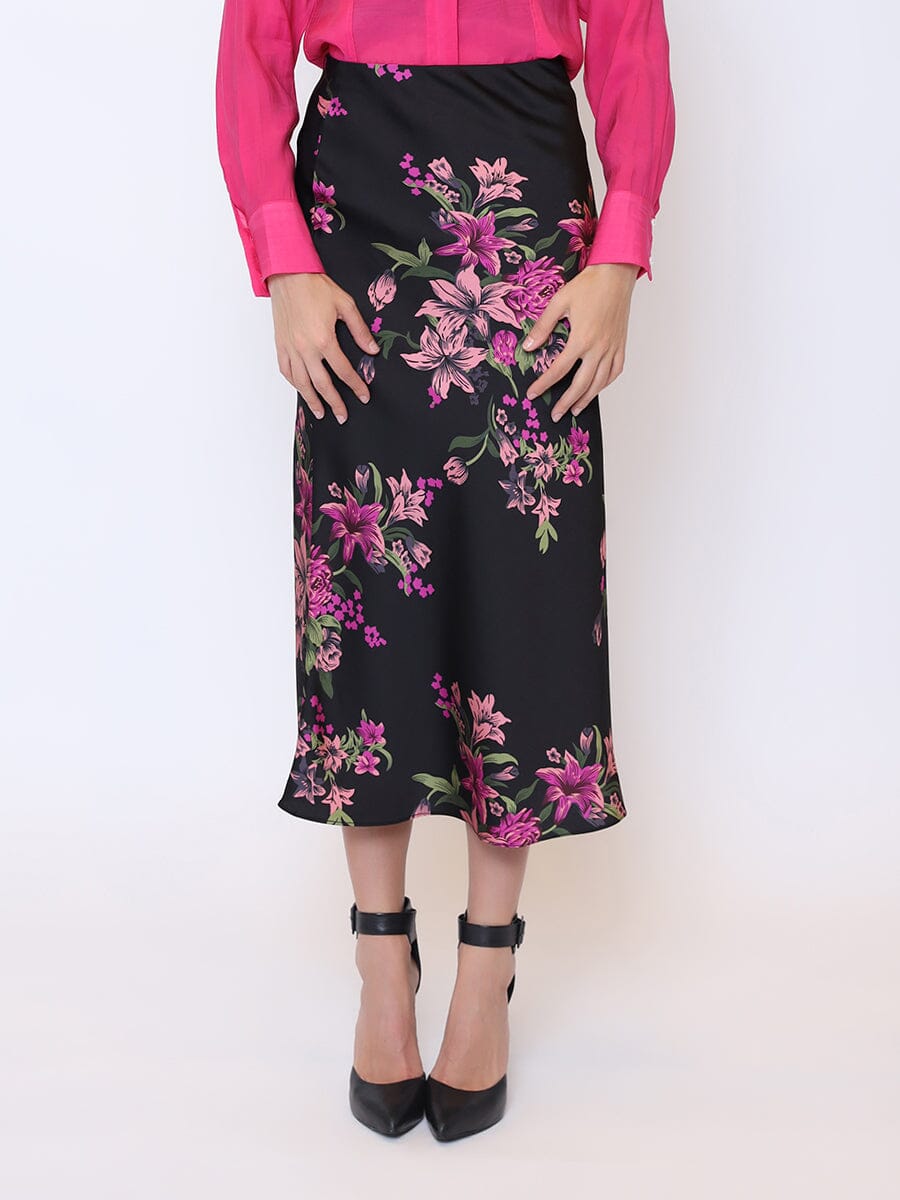 Floral Print Satin Fishtail Midi Skirt SKIRT Gracia Fashion BLACK S 