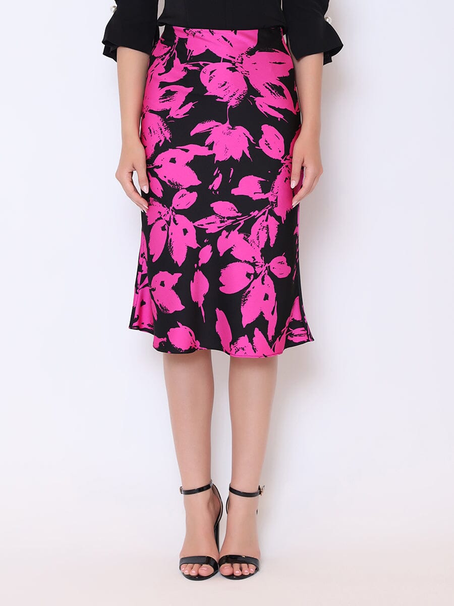 Floral Print Satin Fishtail Midi Skirt SKIRT Gracia Fashion BLACK/FUSHIA S 