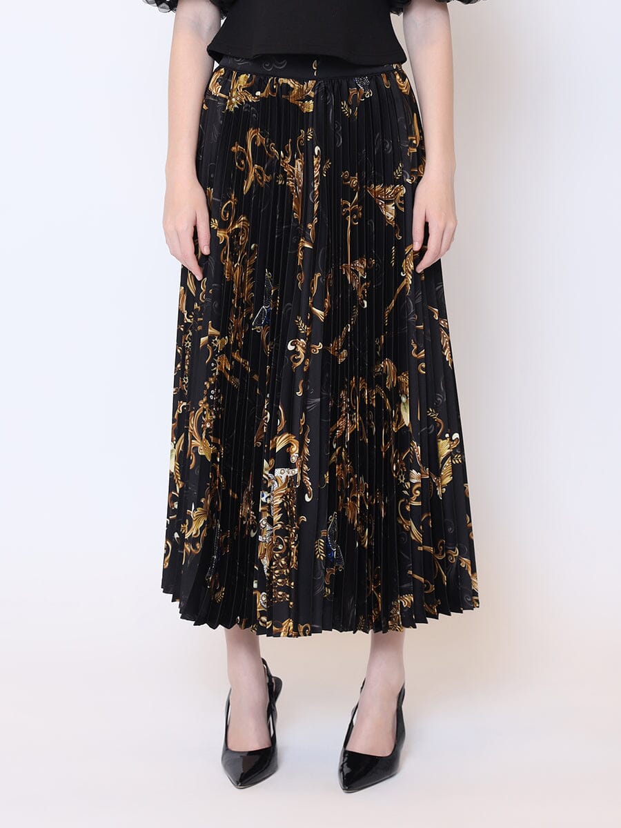 Floral Print Satin Pleated Skirt SKIRT Gracia Fashion BLACK S 