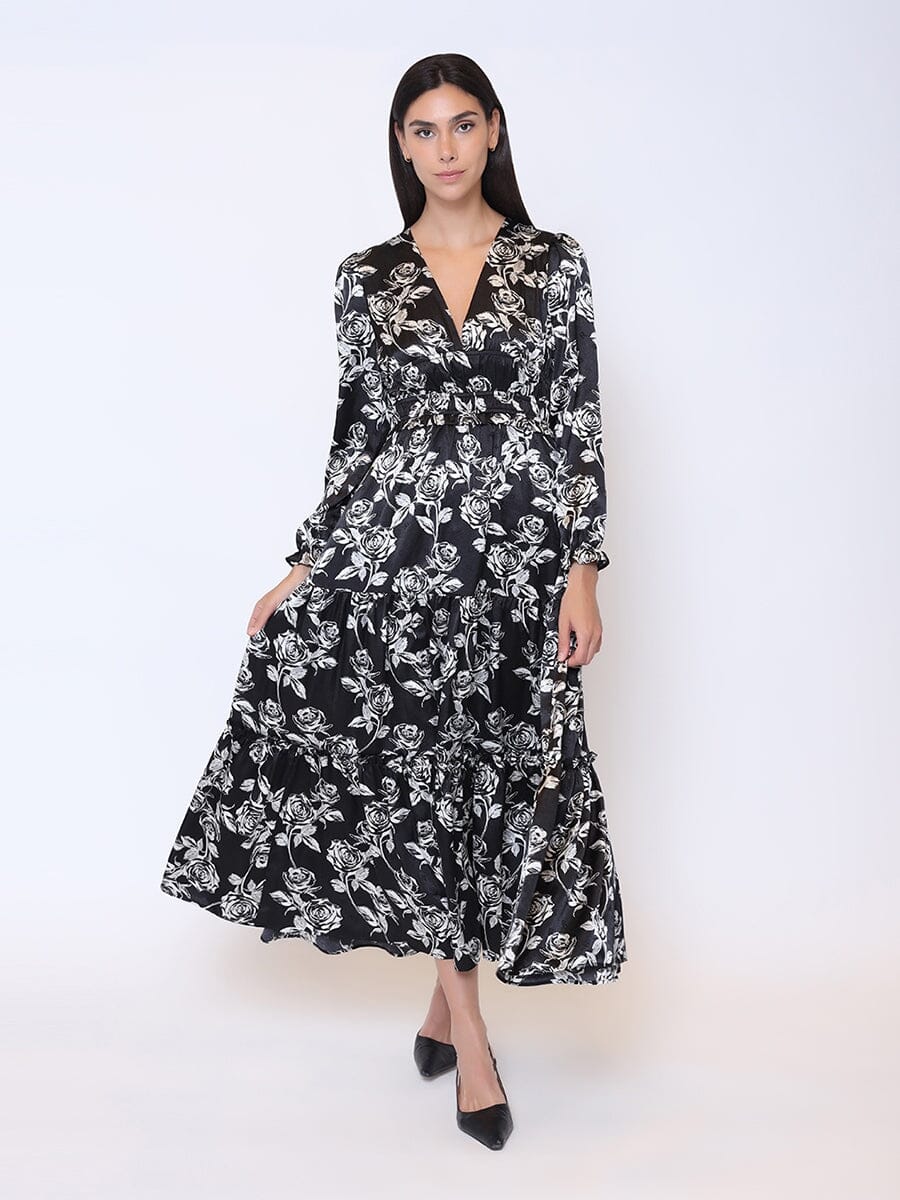 Floral Print Satin V-Neck Maxi Long Sleeve Dress DRESS Gracia Fashion BLACK S 