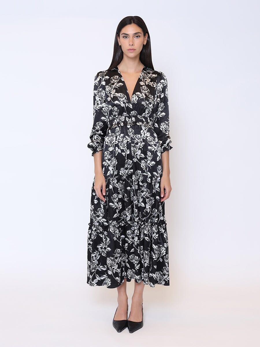 Floral Print Satin V-Neck Maxi Long Sleeve Dress DRESS Gracia Fashion BLACK S 