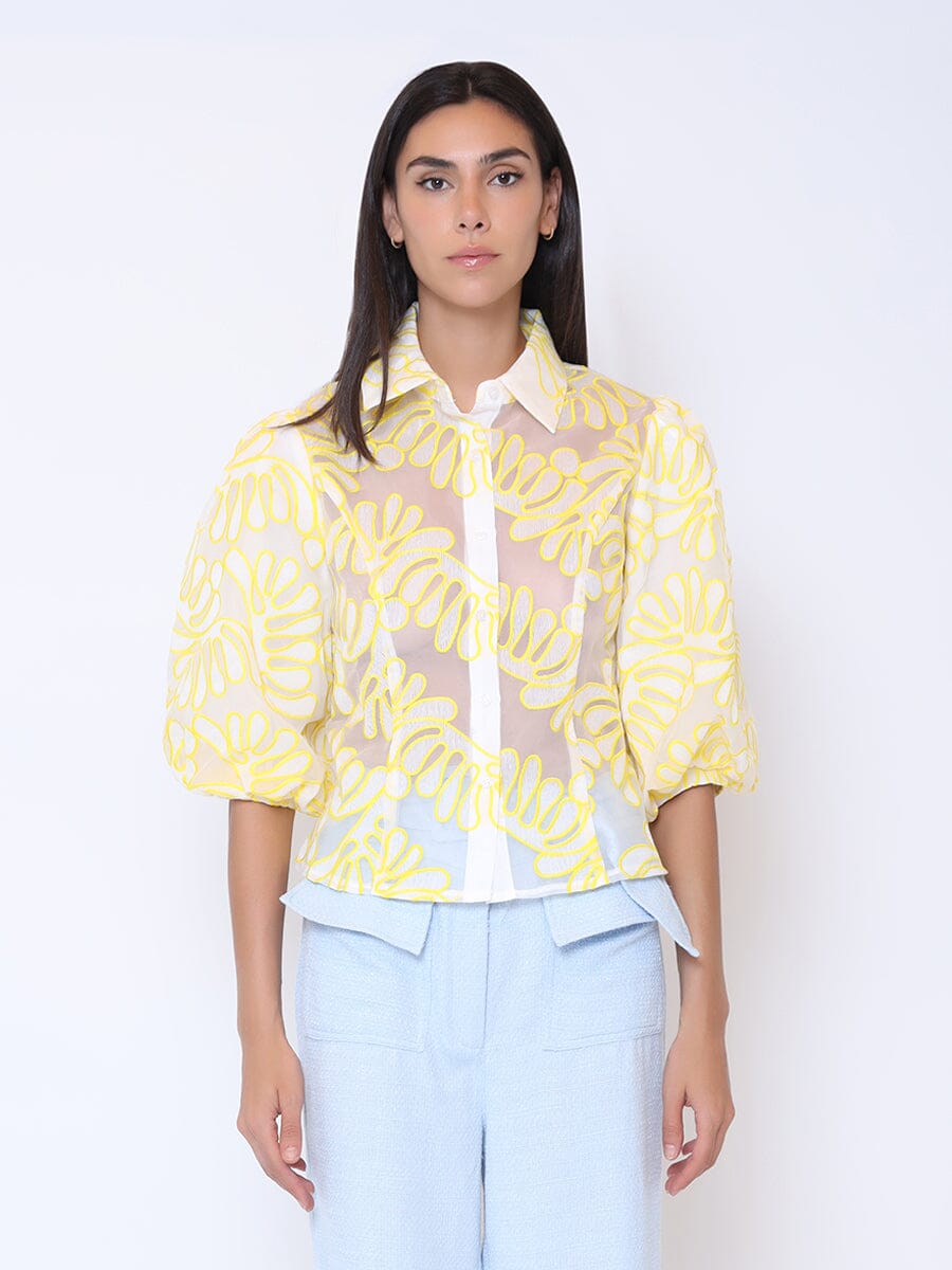 Floral Print Sheer Button Down Puff Sleeve Top TOP Gracia Fashion YELLOW S 