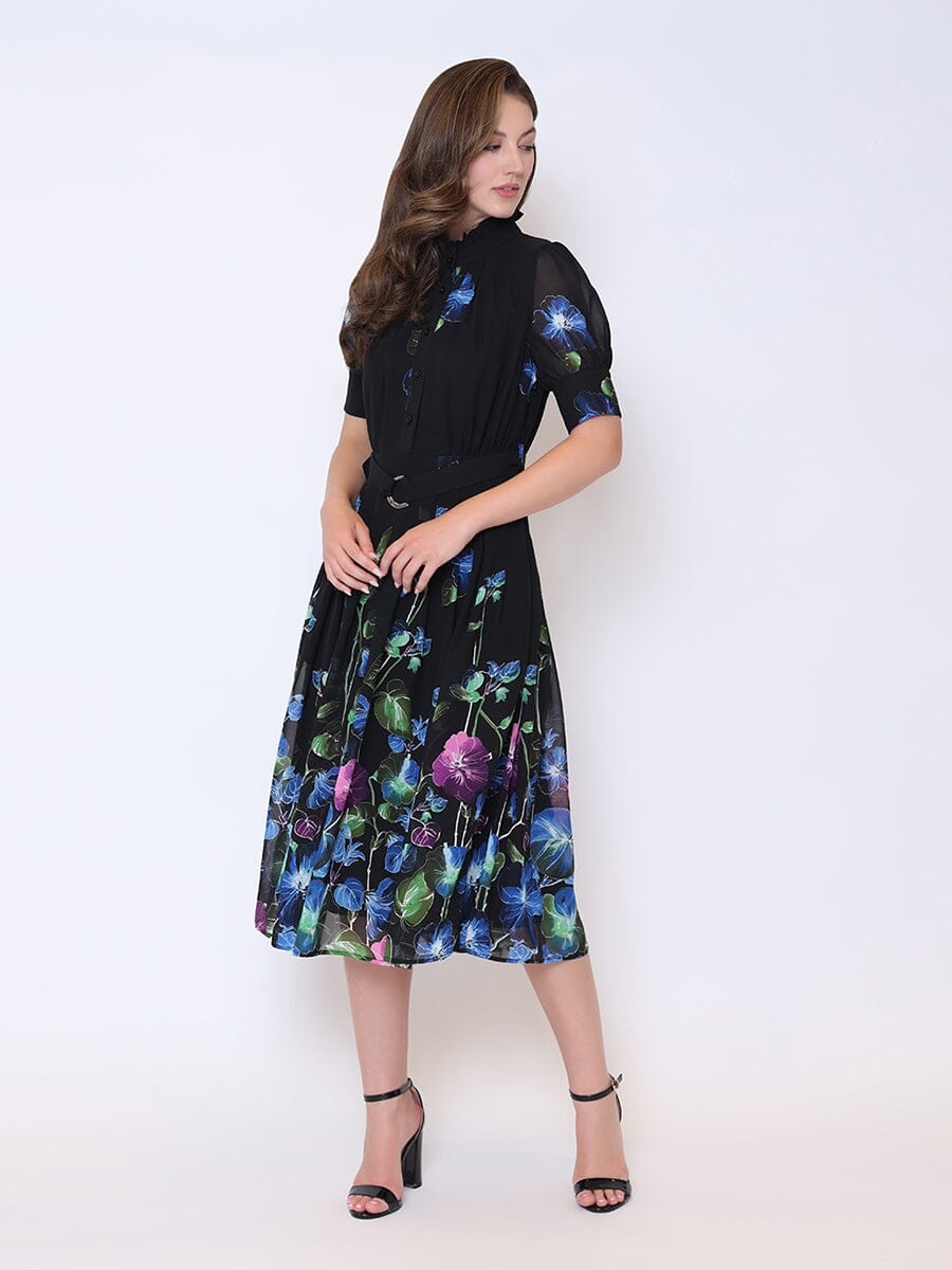 Floral Print Short Sleeve Belted Maxi Dress TOP Gracia Fashion BLACK S 