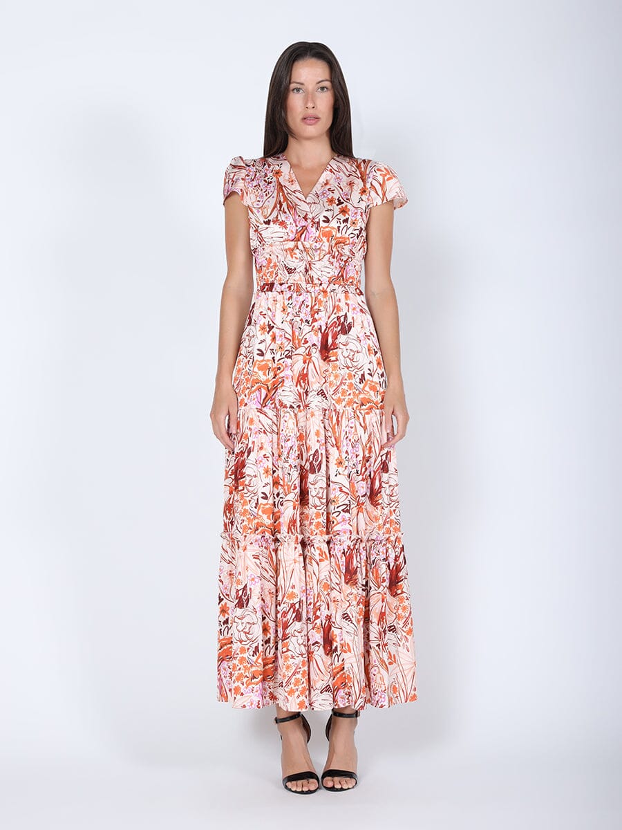 Floral Print V-Neck Cap Sleeve Maxi Dress DRESSES Gracia Fashion ORANGE S 