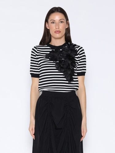 Flower Appliqu Knit Stripe Top TOP Gracia Fashion BLACK/WHITE S 