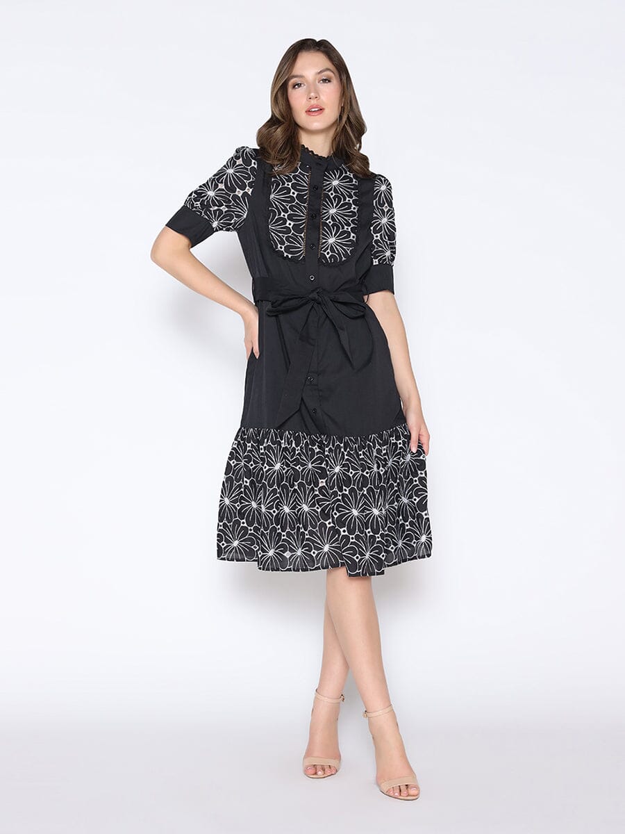 Flower Embroidered Frill Mock Neck Dress DRESS Gracia Fashion BLACK S 