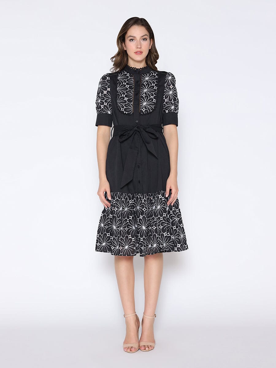 Flower Embroidered Frill Mock Neck Dress DRESS Gracia Fashion BLACK S 