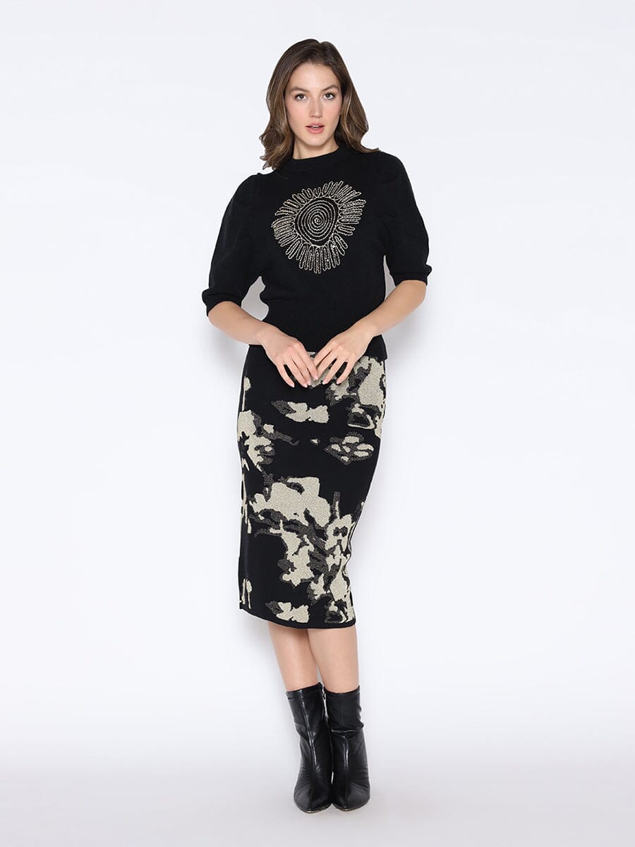 Flower Embroidered High Ribbed Neck Wool Knit Top TOP Gracia Fashion BLACK S 