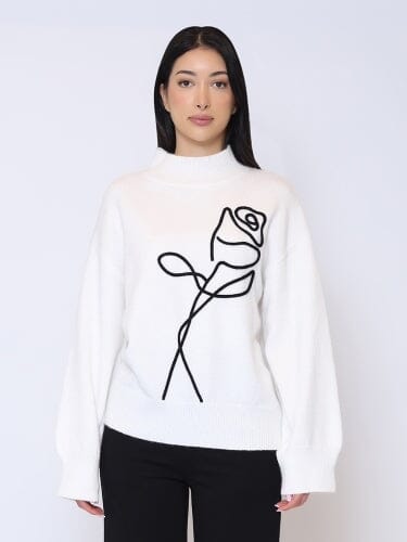 Flower Embroidered Mock Neck Knit Sweater SWEATERS Gracia Fashion WHITE S 