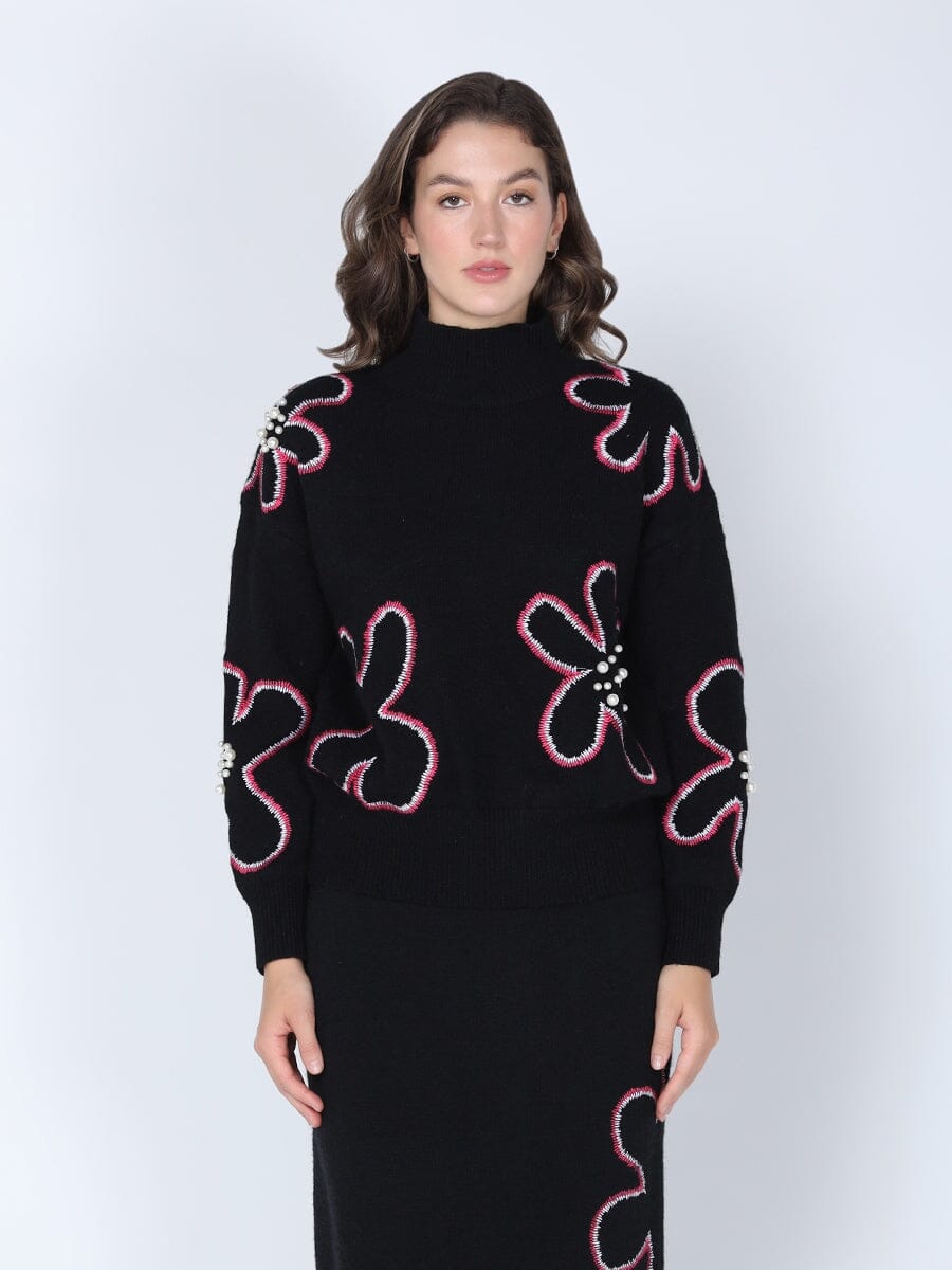 Flower Embroidered Mock Neck Sweater SWEATER Gracia Fashion BLACK S 