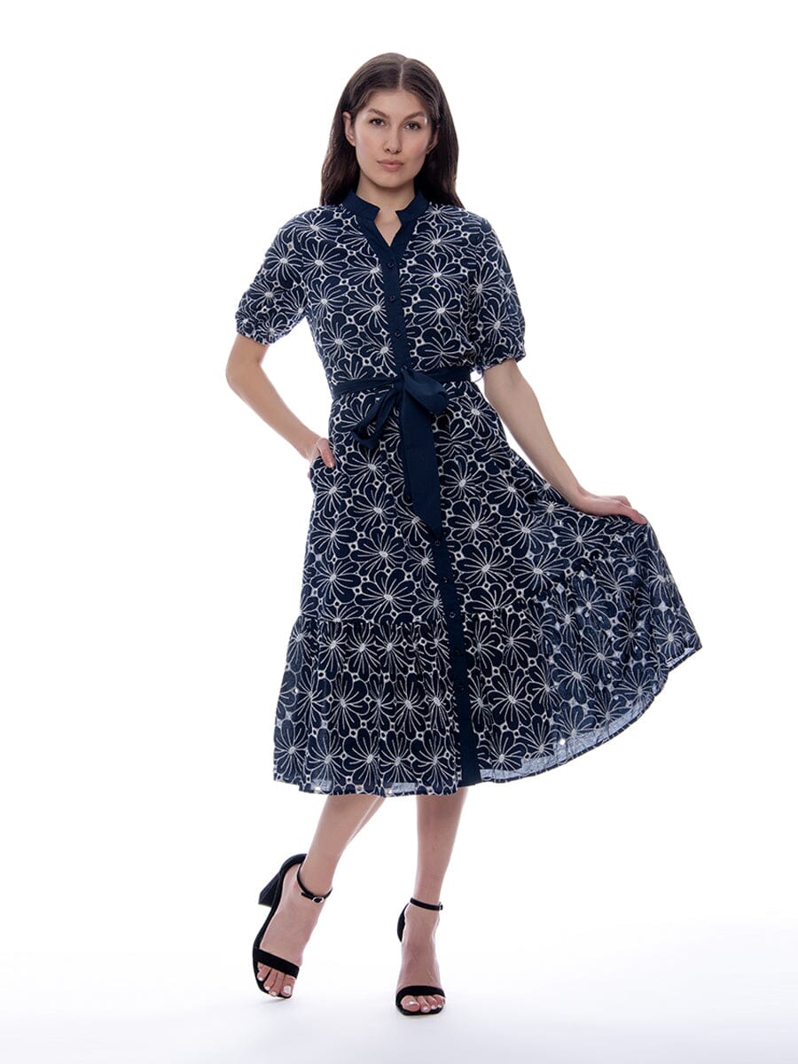 Flower Embroidery Button-Up Puff Dress w/Waist Tie DRESS Gracia Fashion NAVY S 