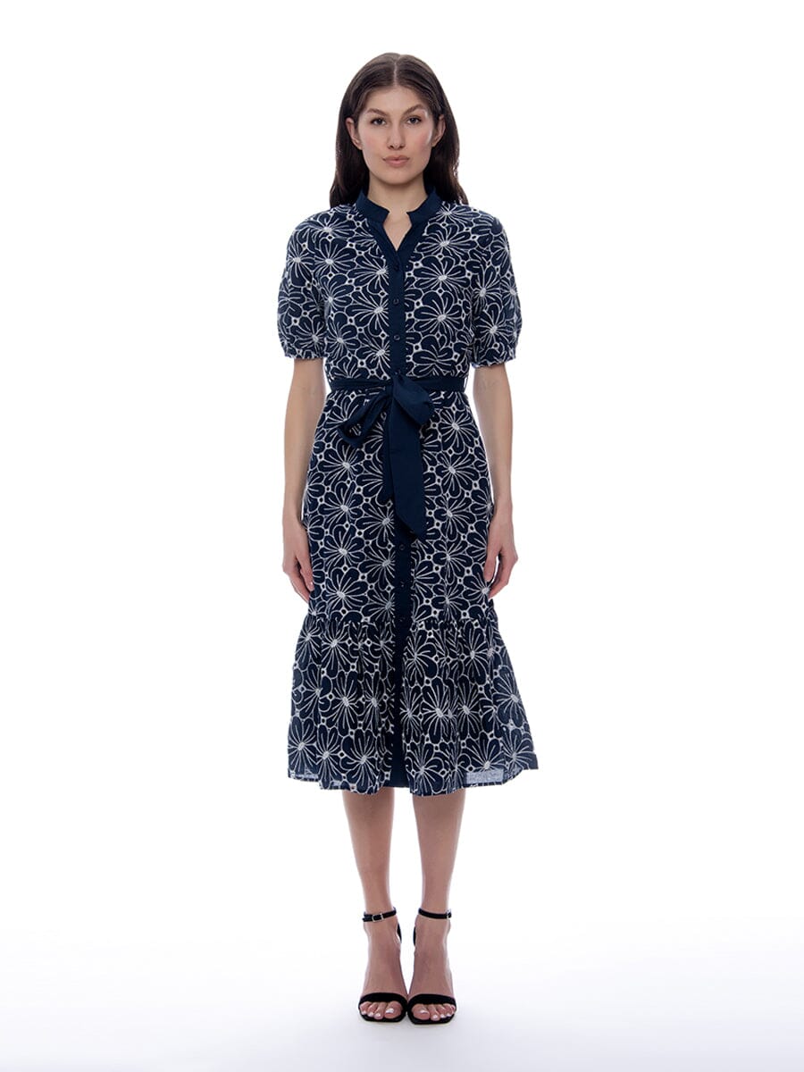 Flower Embroidery Button-Up Puff Dress w/Waist Tie DRESS Gracia Fashion NAVY S 