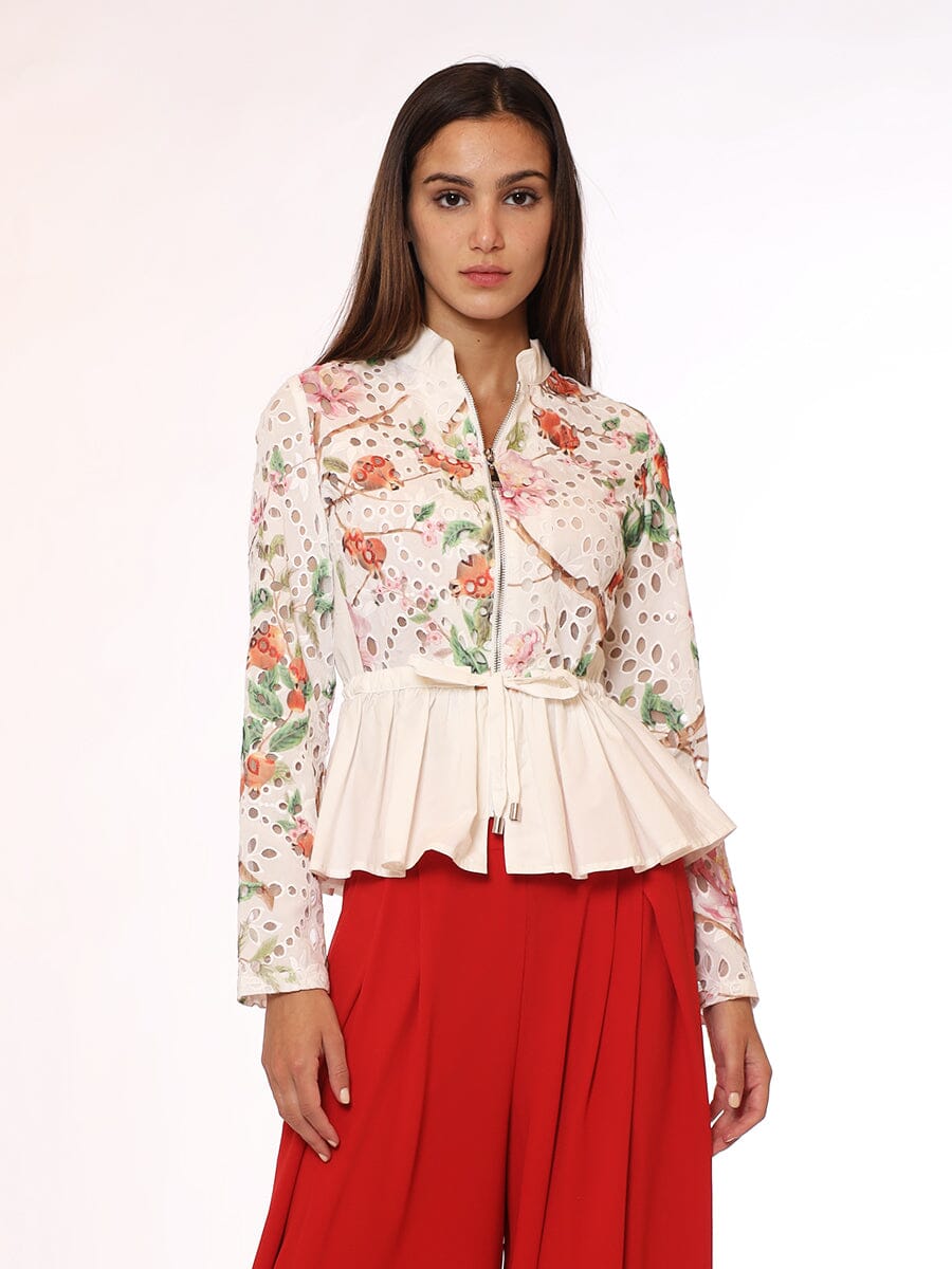 Flower Pattern Waist Shirring with Belt Jacket JACKET Gracia Fashion WHITE S 