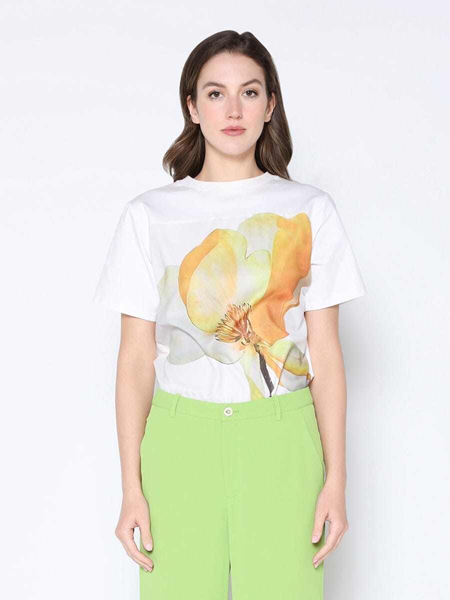 Flower Print Design T-Shirt TOP Gracia Fashion WHITE S 