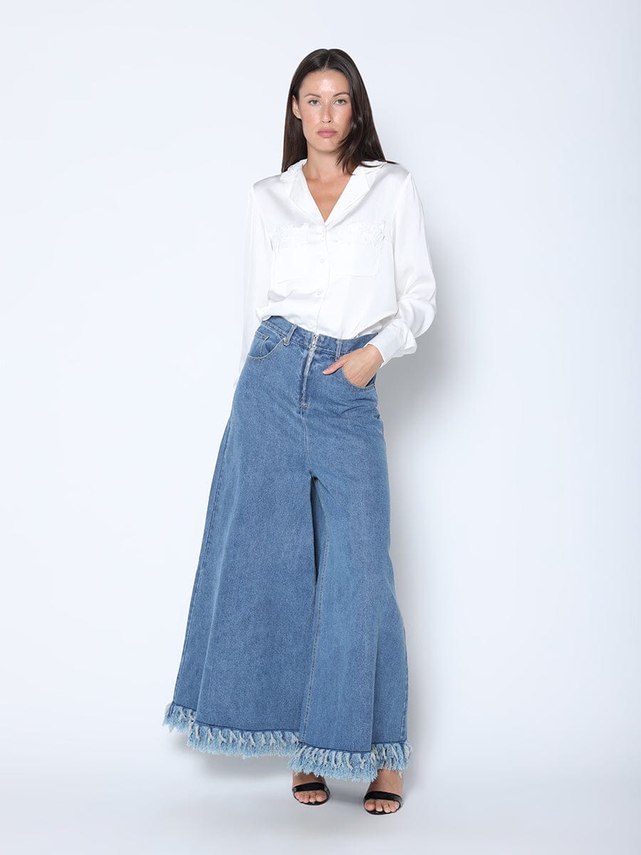 Frayed Raw Hem Wide Leg Slouchy Denim Pants PANTS Gracia Fashion DENIM S 