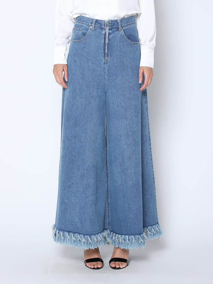 Frayed Raw Hem Wide Leg Slouchy Denim Pants PANTS Gracia Fashion DENIM S 