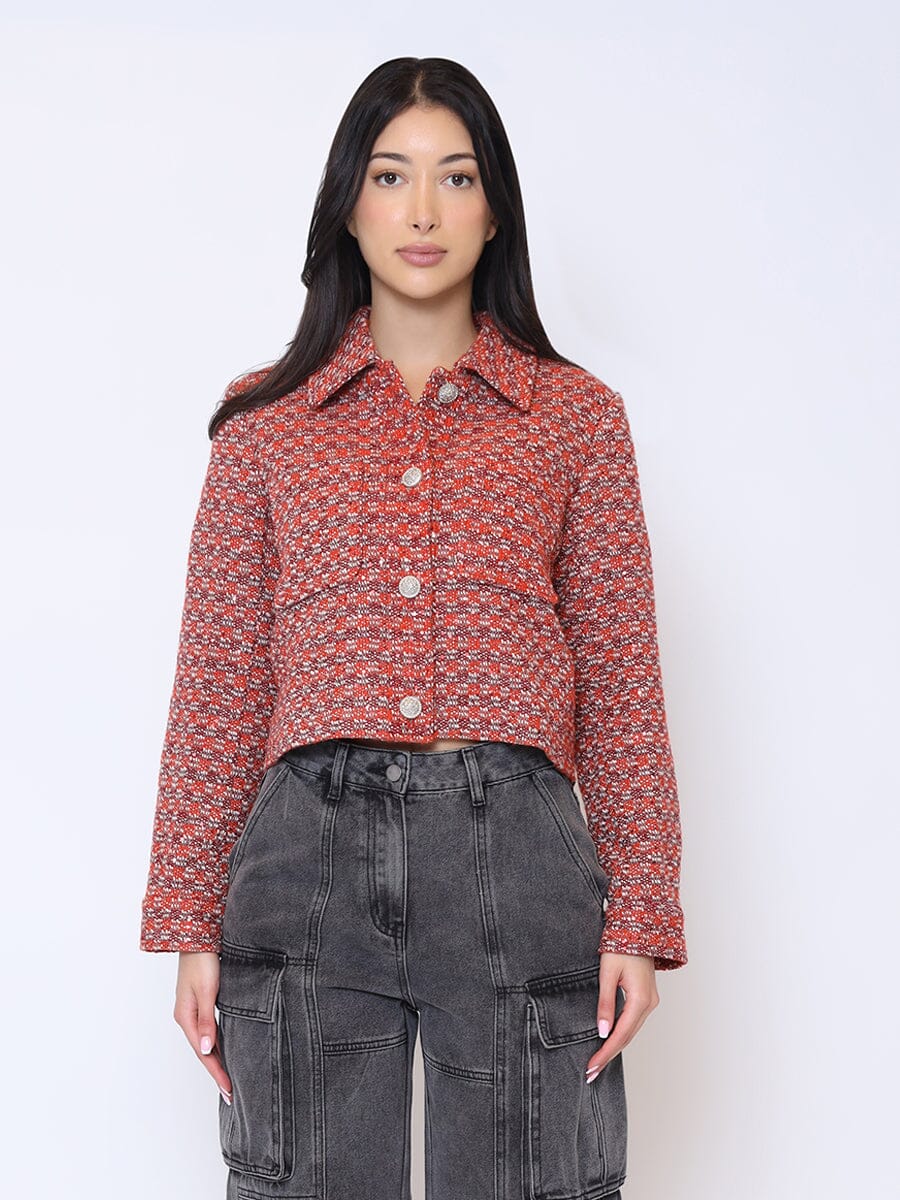 Front Pocket Tweed Cropped Blazer JACKET Gracia Fashion RUST S 