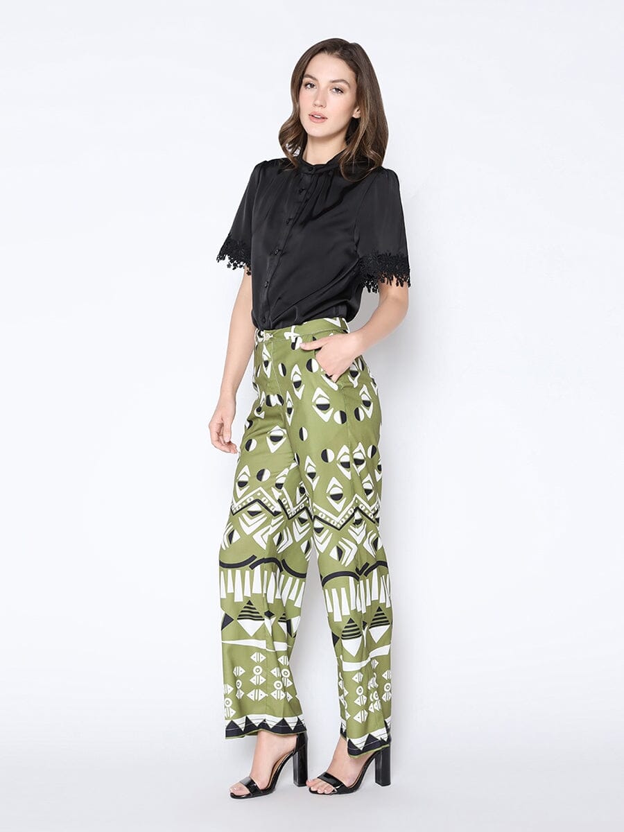 Geometric Print Wide Leg Pajama Pants PANTS Gracia Fashion OLIVE S 