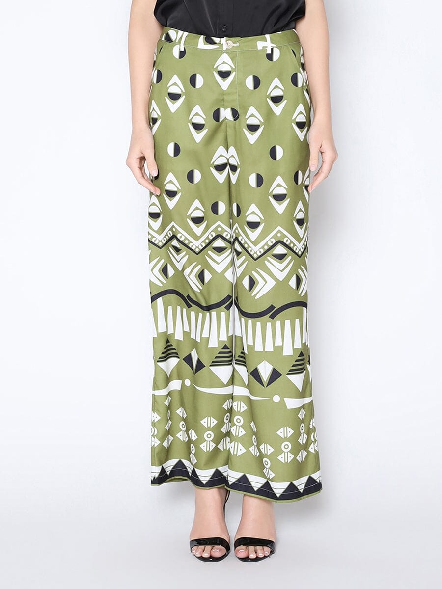 Geometric Print Wide Leg Pajama Pants PANTS Gracia Fashion OLIVE S 